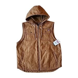NWT Wrangler Men Workwear Duck Canvas Vest 2XL Quilted Hood Utility Brown Jacket